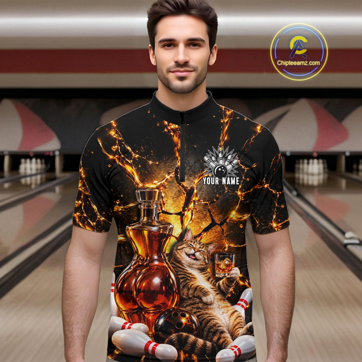 Funny Tabby Cat Whiskey Bowling Polo 1/4-Zip For Men Custom Retro Drunk Bowling Team Shirt Bowling Gift NYN4835