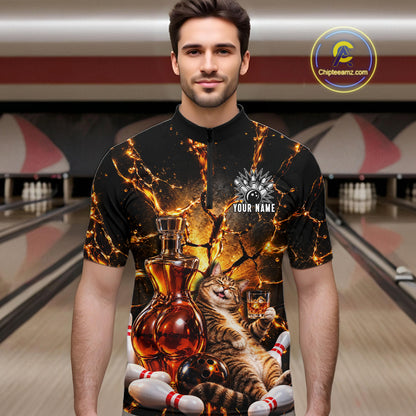 Funny Tabby Cat Whiskey Bowling Polo 1/4-Zip For Men Custom Retro Drunk Bowling Team Shirt Bowling Gift NYN4835