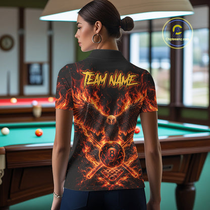 Personalized Flame Cracked 8 Ball Pool Polo Shirt For Women Custom Fire Eagle Retro Billiard Team Shirt NYN4822