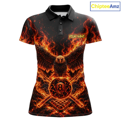Personalized Flame Cracked 8 Ball Pool Polo Shirt For Women Custom Fire Eagle Retro Billiard Team Shirt NYN4822