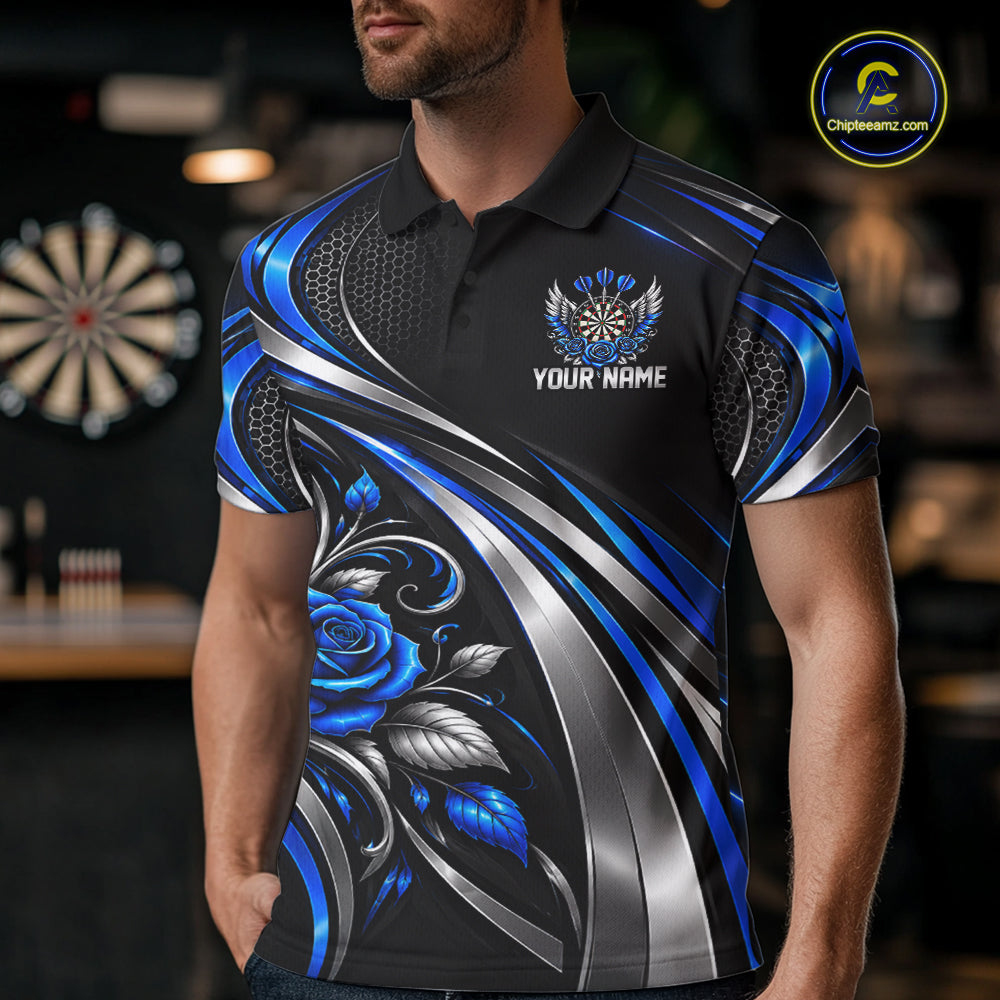 Wings Dartboard Polo 1/4-Zip Shirt For Men Personalized Silver Blue Roses Darts Tournament Jersey NYN4837