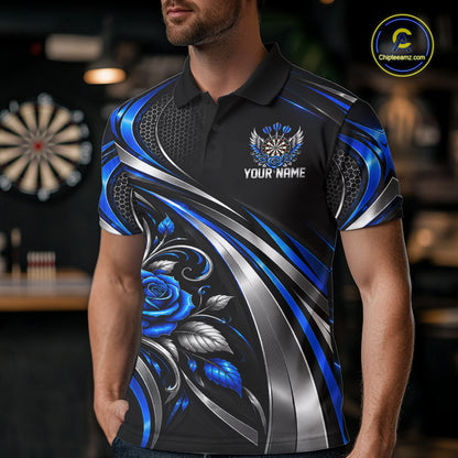 Wings Dartboard Polo 1/4-Zip Shirt For Men Personalized Silver Blue Roses Darts Tournament Jersey NYN4837