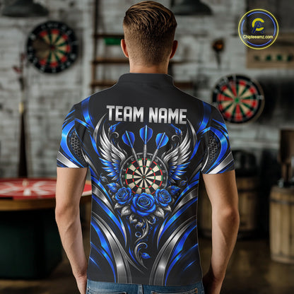 Wings Dartboard Polo 1/4-Zip Shirt For Men Personalized Silver Blue Roses Darts Tournament Jersey NYN4837