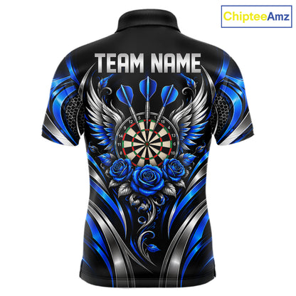 Wings Dartboard Polo 1/4-Zip Shirt For Men Personalized Silver Blue Roses Darts Tournament Jersey NYN4837