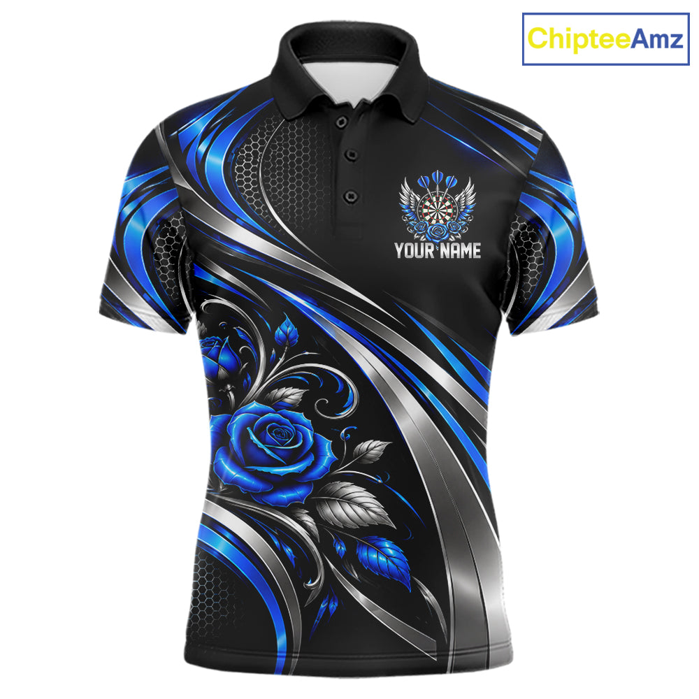 Wings Dartboard Polo 1/4-Zip Shirt For Men Personalized Silver Blue Roses Darts Tournament Jersey NYN4837