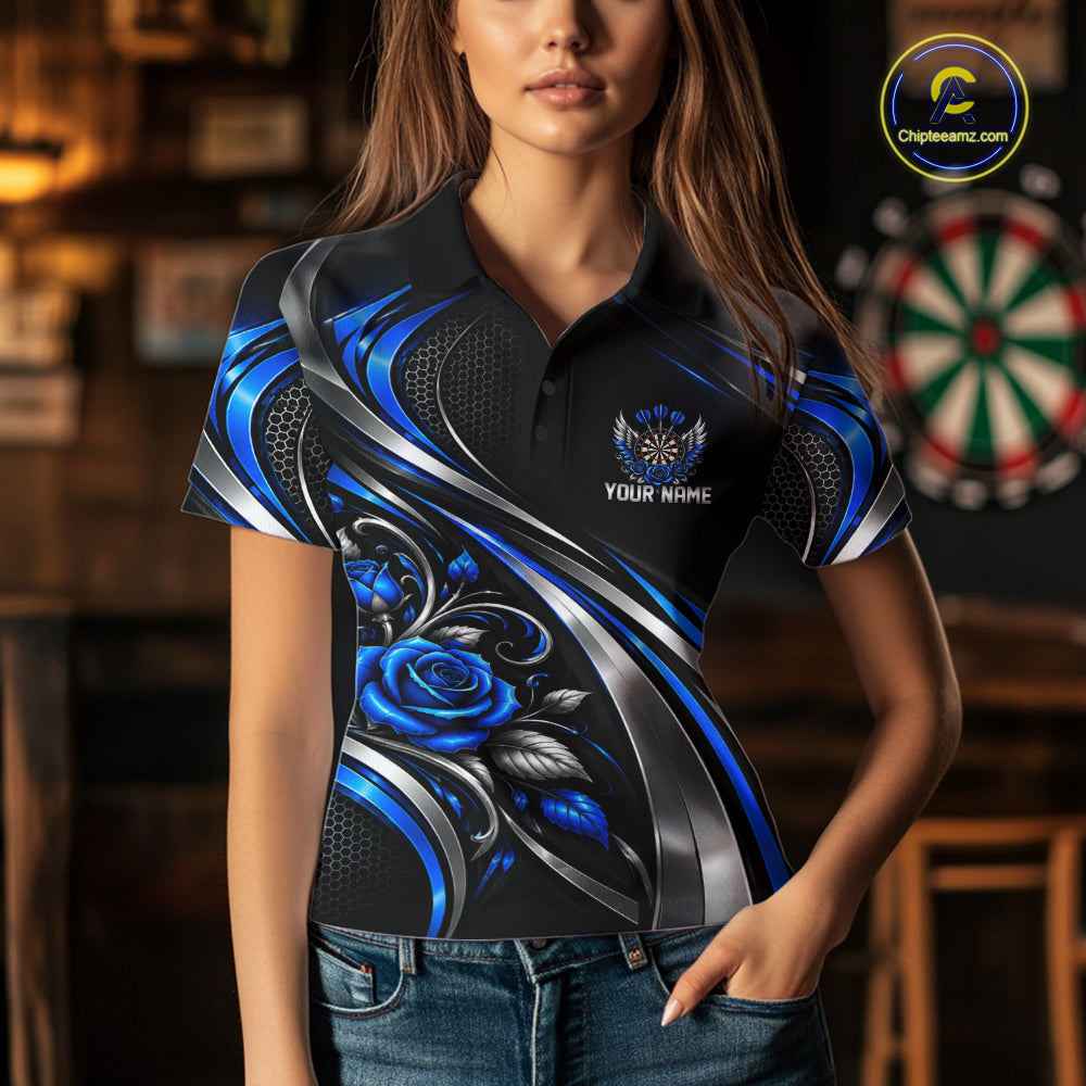 Wings Dartboard Polo 1/4-Zip Shirt For Women Personalized Silver Blue Roses Darts Tournament Jersey NYN4837