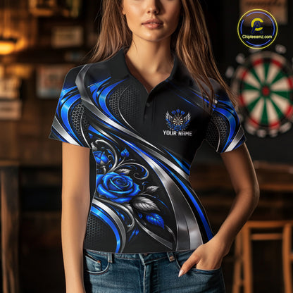 Wings Dartboard Polo 1/4-Zip Shirt For Women Personalized Silver Blue Roses Darts Tournament Jersey NYN4837