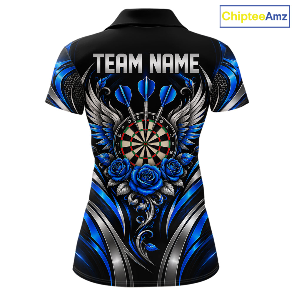 Wings Dartboard Polo 1/4-Zip Shirt For Women Personalized Silver Blue Roses Darts Tournament Jersey NYN4837