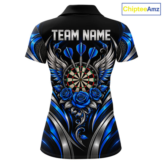 Wings Dartboard Polo 1/4-Zip Shirt For Women Personalized Silver Blue Roses Darts Tournament Jersey NYN4837