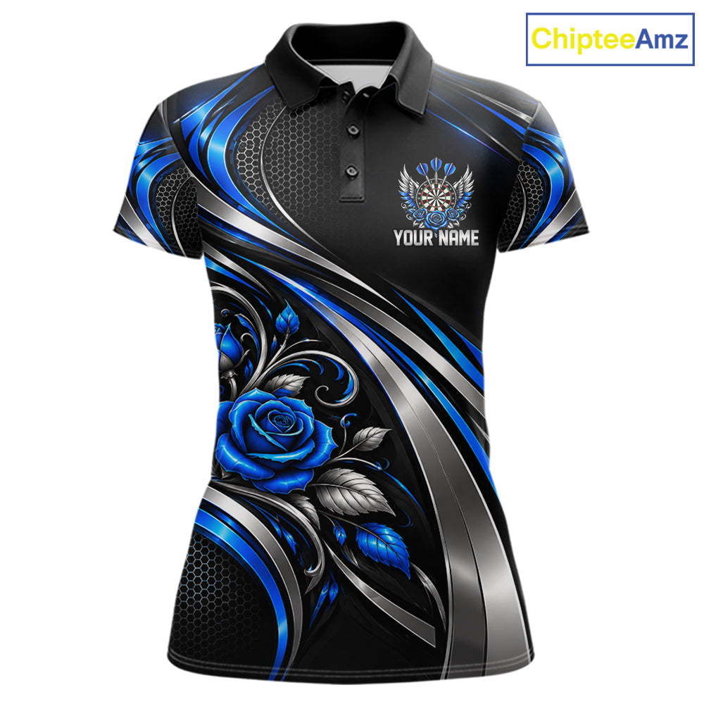 Wings Dartboard Polo 1/4-Zip Shirt For Women Personalized Silver Blue Roses Darts Tournament Jersey NYN4837