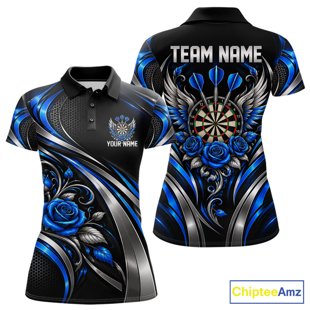 Wings Dartboard Polo 1/4-Zip Shirt For Women Personalized Silver Blue Roses Darts Tournament Jersey NYN4837