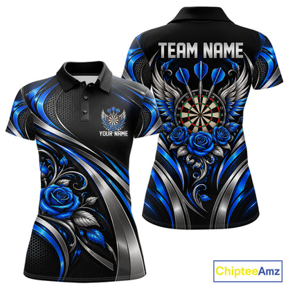 Wings Dartboard Polo 1/4-Zip Shirt For Women Personalized Silver Blue Roses Darts Tournament Jersey NYN4837