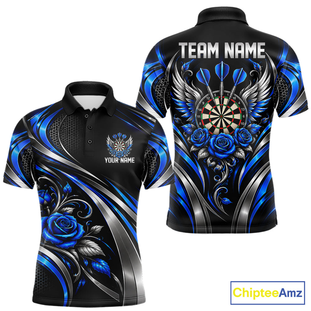 Wings Dartboard Polo 1/4-Zip Shirt For Men Personalized Silver Blue Roses Darts Tournament Jersey NYN4837