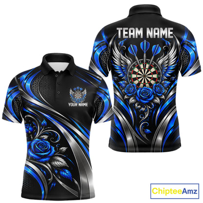 Wings Dartboard Polo 1/4-Zip Shirt For Men Personalized Silver Blue Roses Darts Tournament Jersey NYN4837
