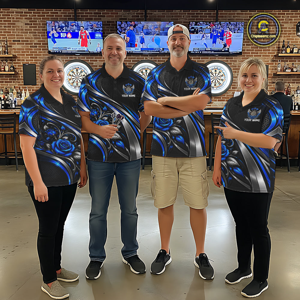 Wings Dartboard Polo 1/4-Zip Shirt For Men Personalized Silver Blue Roses Darts Tournament Jersey NYN4837