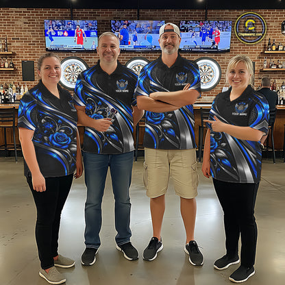 Wings Dartboard Polo 1/4-Zip Shirt For Men Personalized Silver Blue Roses Darts Tournament Jersey NYN4837