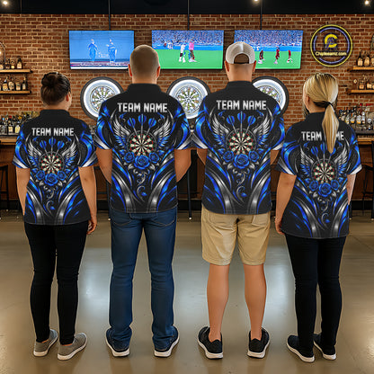 Wings Dartboard Polo 1/4-Zip Shirt For Men Personalized Silver Blue Roses Darts Tournament Jersey NYN4837
