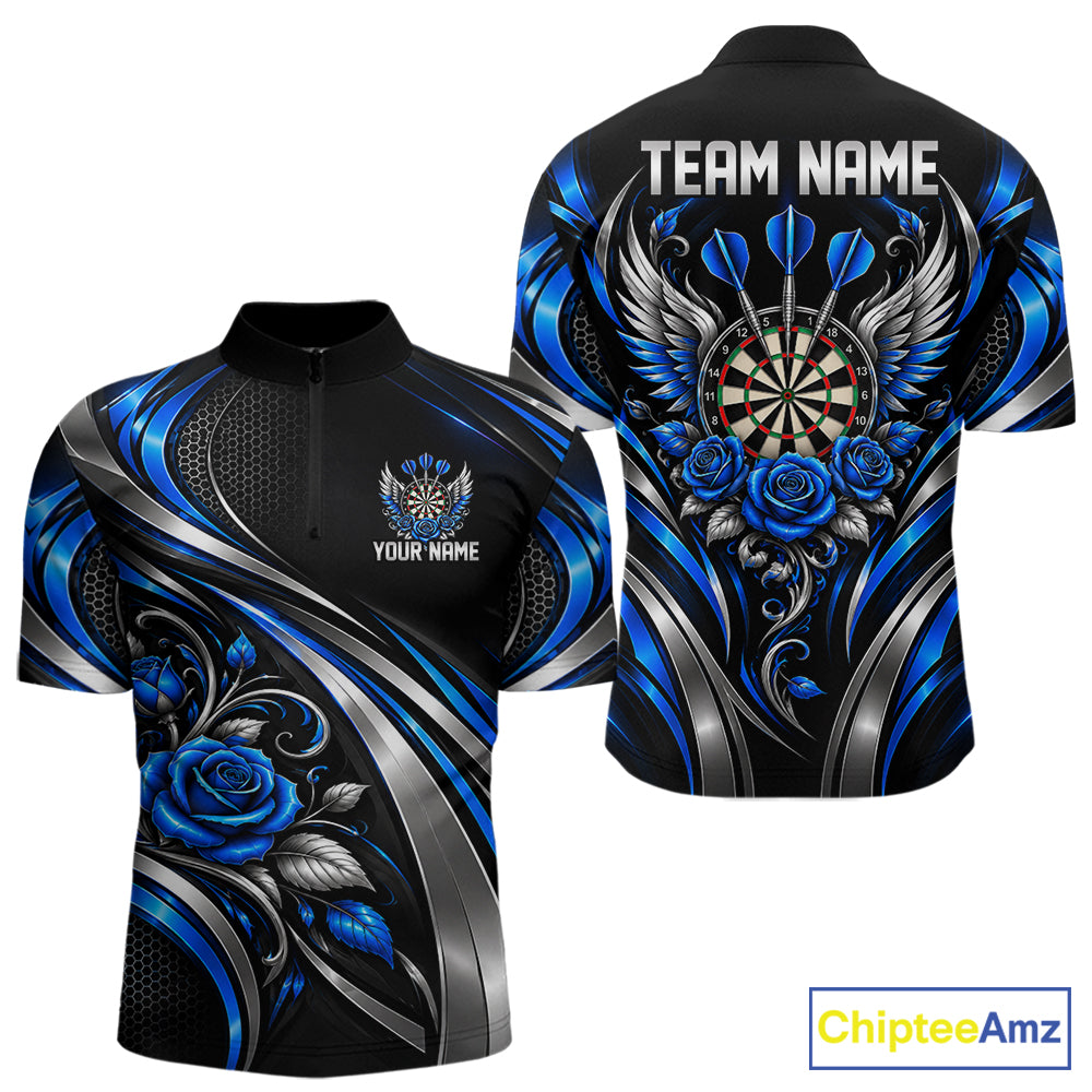 Wings Dartboard Polo 1/4-Zip Shirt For Men Personalized Silver Blue Roses Darts Tournament Jersey NYN4837