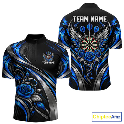 Wings Dartboard Polo 1/4-Zip Shirt For Men Personalized Silver Blue Roses Darts Tournament Jersey NYN4837