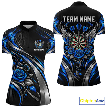 Wings Dartboard Polo 1/4-Zip Shirt For Women Personalized Silver Blue Roses Darts Tournament Jersey NYN4837