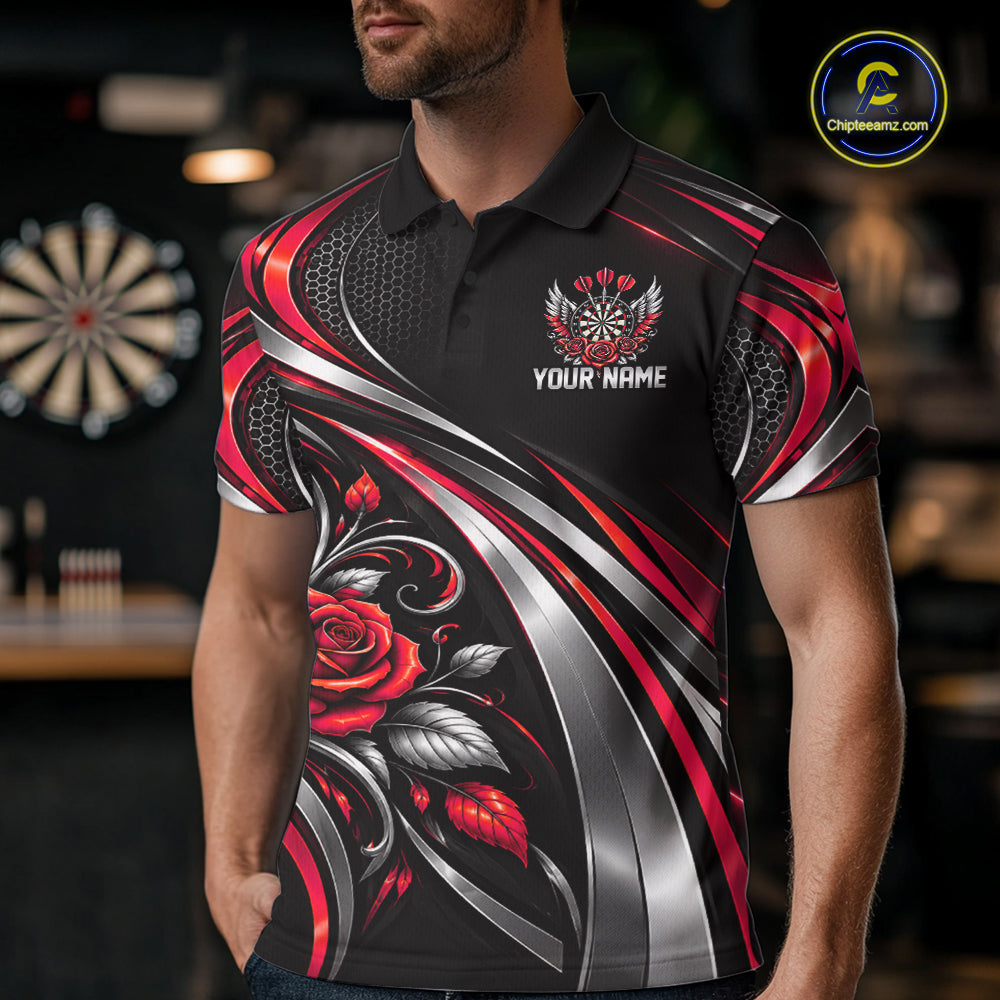 Wings Dartboard Polo 1/4-Zip Shirt For Men Personalized Silver Red Roses Darts Tournament Jersey NYN4838