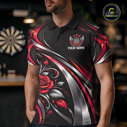Wings Dartboard Polo 1/4-Zip Shirt For Men Personalized Silver Red Roses Darts Tournament Jersey NYN4838