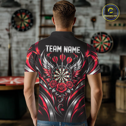 Wings Dartboard Polo 1/4-Zip Shirt For Men Personalized Silver Red Roses Darts Tournament Jersey NYN4838