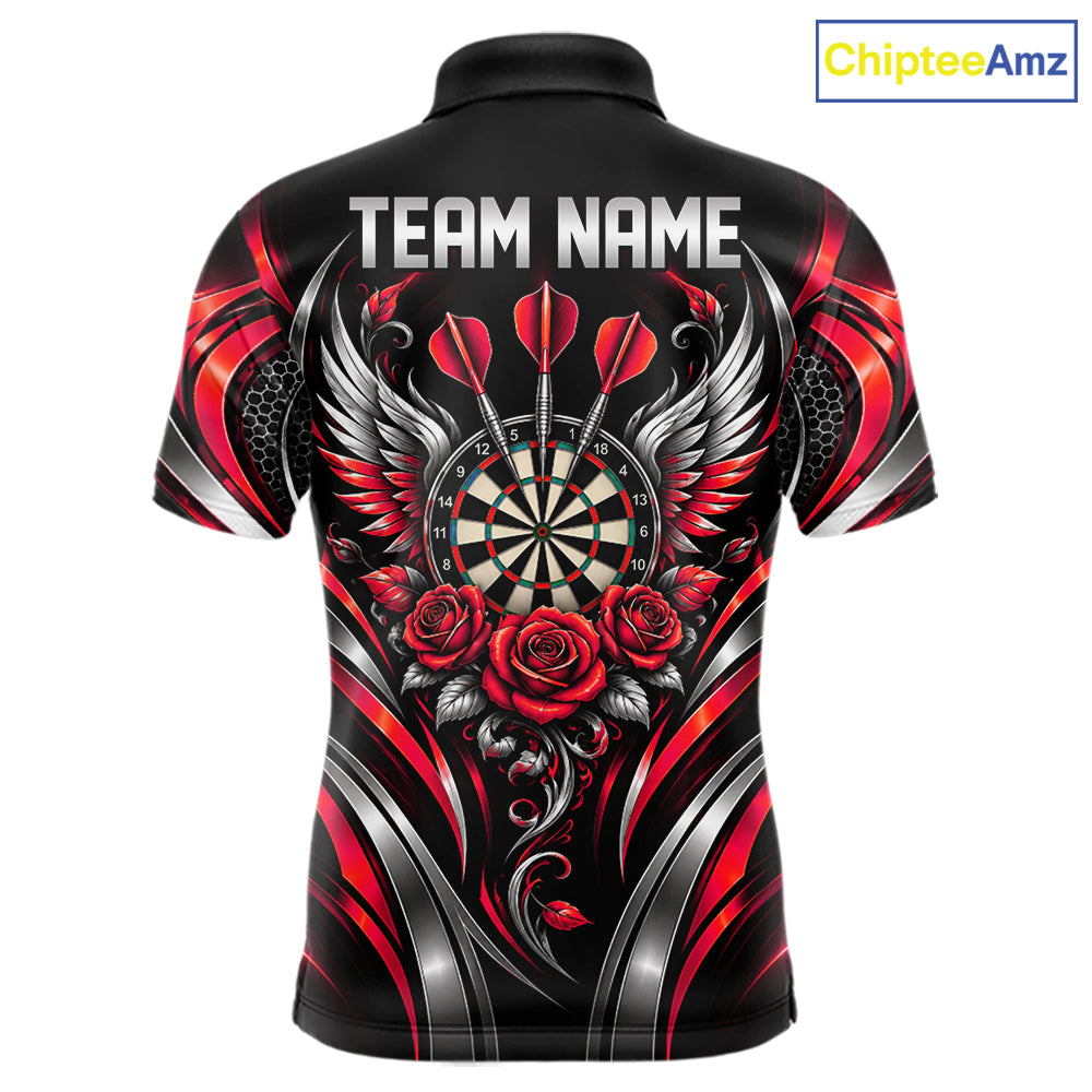 Wings Dartboard Polo 1/4-Zip Shirt For Men Personalized Silver Red Roses Darts Tournament Jersey NYN4838