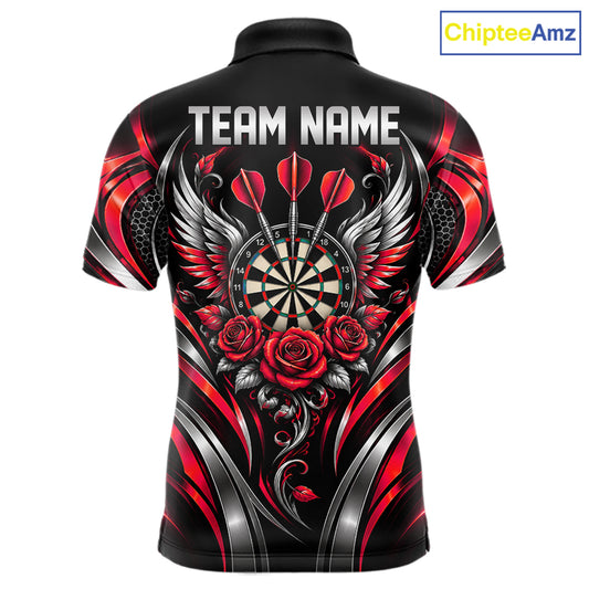 Wings Dartboard Polo 1/4-Zip Shirt For Men Personalized Silver Red Roses Darts Tournament Jersey NYN4838