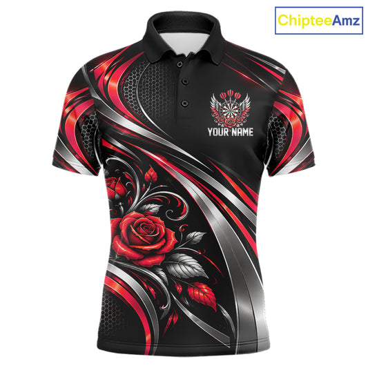 Wings Dartboard Polo 1/4-Zip Shirt For Men Personalized Silver Red Roses Darts Tournament Jersey NYN4838