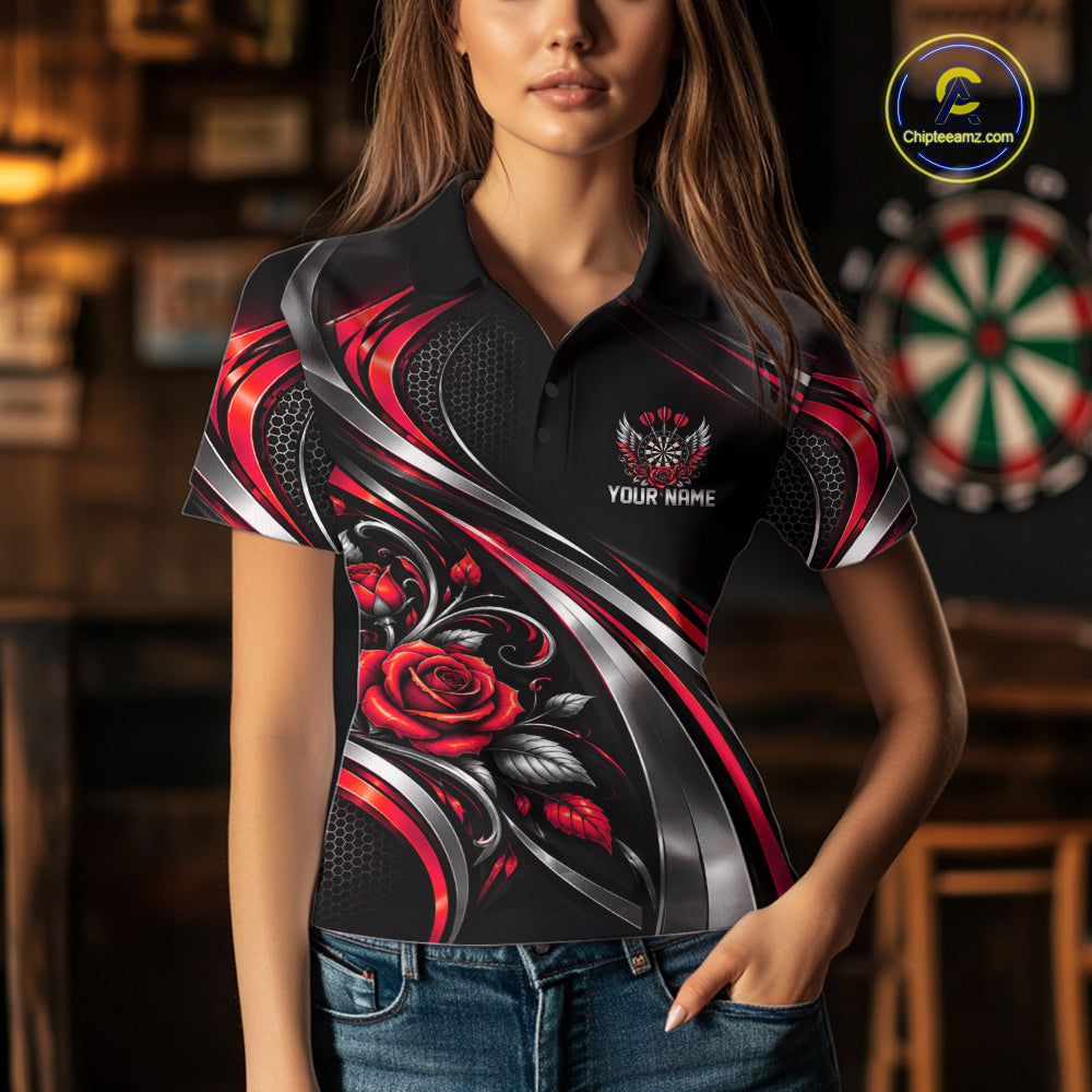 Wings Dartboard Polo 1/4-Zip Shirt For Women Personalized Silver Red Roses Darts Tournament Jersey NYN4838