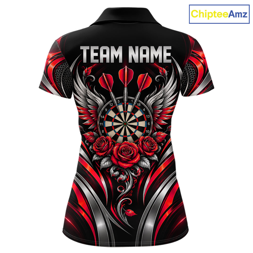 Wings Dartboard Polo 1/4-Zip Shirt For Women Personalized Silver Red Roses Darts Tournament Jersey NYN4838