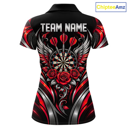 Wings Dartboard Polo 1/4-Zip Shirt For Women Personalized Silver Red Roses Darts Tournament Jersey NYN4838