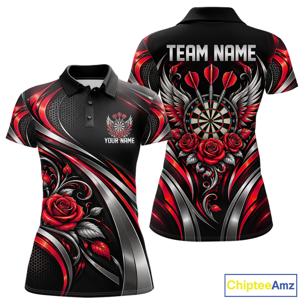 Wings Dartboard Polo 1/4-Zip Shirt For Women Personalized Silver Red Roses Darts Tournament Jersey NYN4838