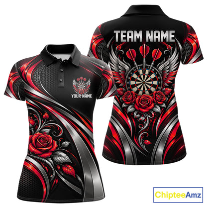 Wings Dartboard Polo 1/4-Zip Shirt For Women Personalized Silver Red Roses Darts Tournament Jersey NYN4838