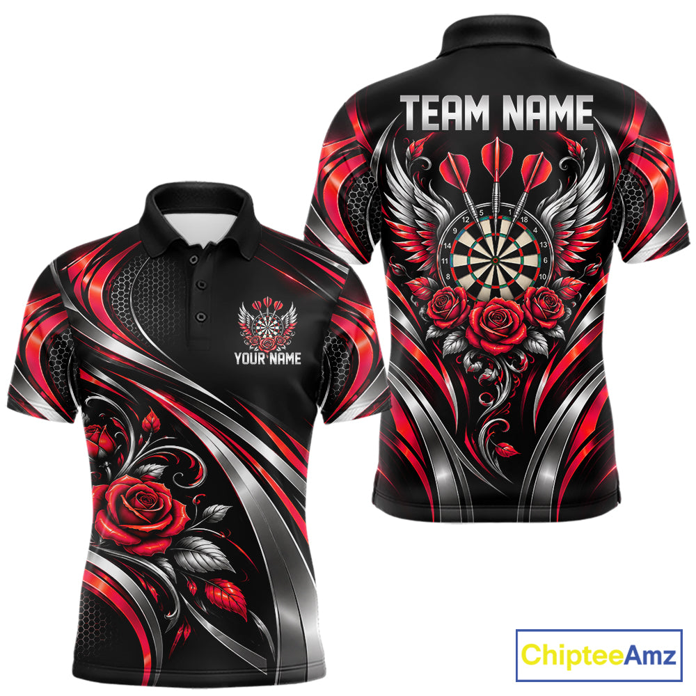 Wings Dartboard Polo 1/4-Zip Shirt For Men Personalized Silver Red Roses Darts Tournament Jersey NYN4838