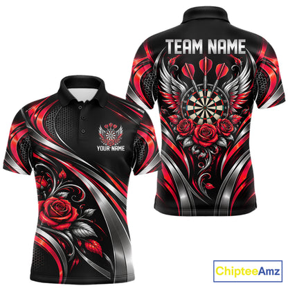 Wings Dartboard Polo 1/4-Zip Shirt For Men Personalized Silver Red Roses Darts Tournament Jersey NYN4838