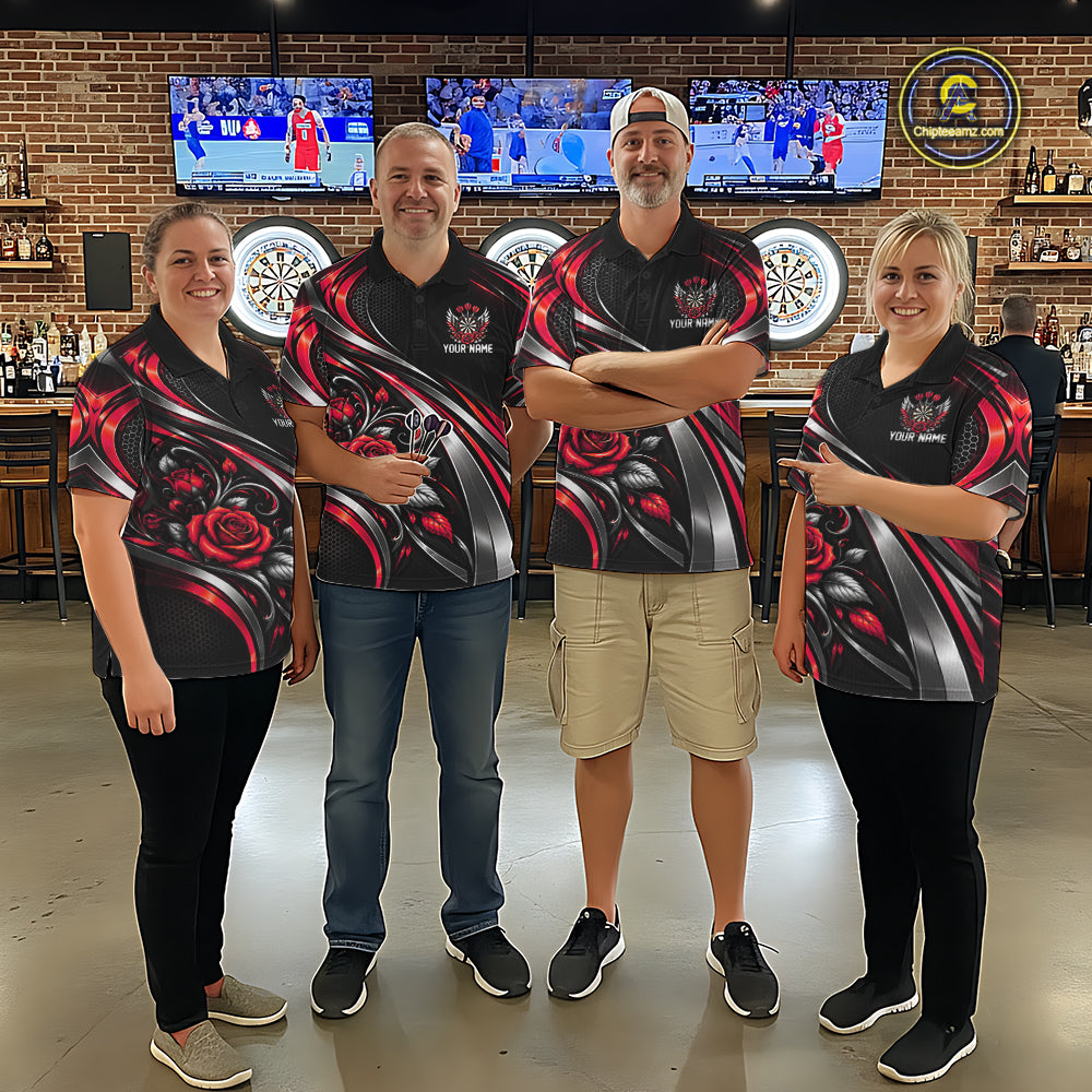 Wings Dartboard Polo 1/4-Zip Shirt For Men Personalized Silver Red Roses Darts Tournament Jersey NYN4838
