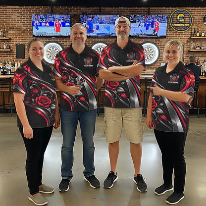 Wings Dartboard Polo 1/4-Zip Shirt For Men Personalized Silver Red Roses Darts Tournament Jersey NYN4838