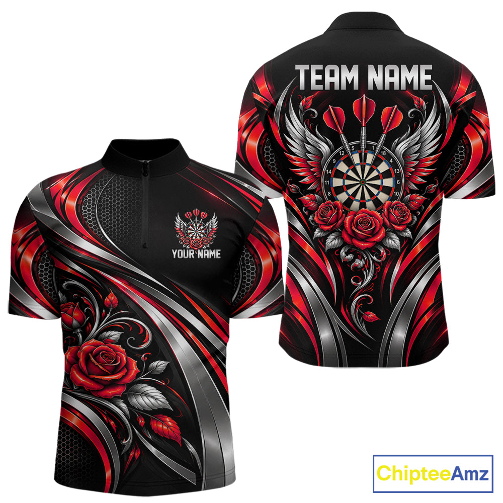 Wings Dartboard Polo 1/4-Zip Shirt For Men Personalized Silver Red Roses Darts Tournament Jersey NYN4838