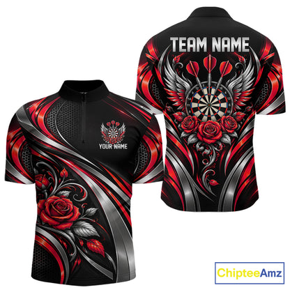 Wings Dartboard Polo 1/4-Zip Shirt For Men Personalized Silver Red Roses Darts Tournament Jersey NYN4838
