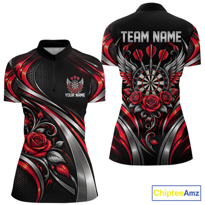 Wings Dartboard Polo 1/4-Zip Shirt For Women Personalized Silver Red Roses Darts Tournament Jersey NYN4838