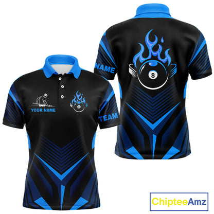 Blue Flaming 8 Ball Pool Polo & 1/4-Zip Team Shirt For Men Custom Billiards Ball Apparel NYN2465