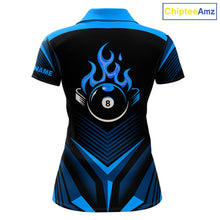 Load image into Gallery viewer, Blue Flaming 8 Ball Pool Polo &amp; 1/4-Zip Team Shirt For Women Custom Billiards Ball Apparel NYN2465