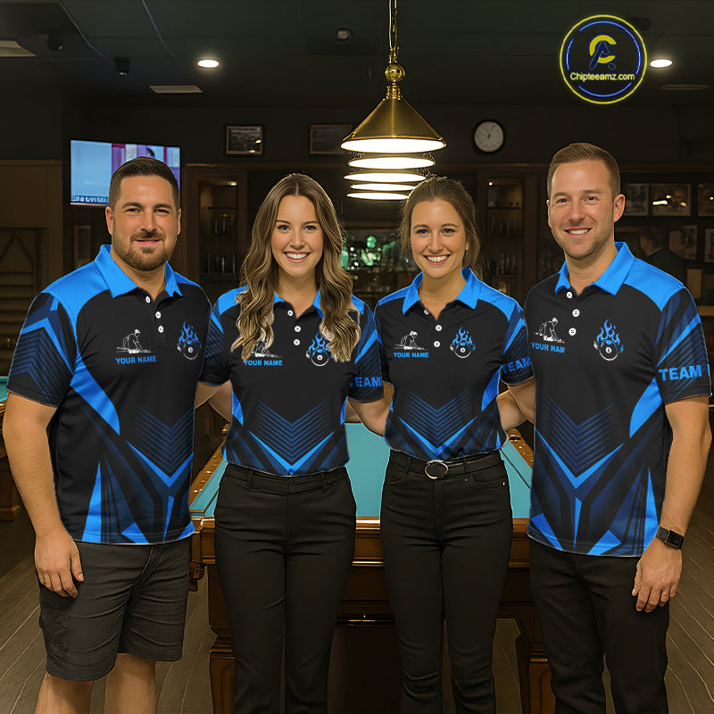 Blue Flaming 8 Ball Pool Polo & 1/4-Zip Team Shirt For Men Custom Billiards Ball Apparel NYN2465
