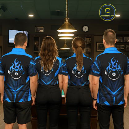 Blue Flaming 8 Ball Pool Polo & 1/4-Zip Team Shirt For Men Custom Billiards Ball Apparel NYN2465