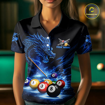 Blue Funny Dragon Thunder Ball Pool Billiard Team Shirt For Women Custom Billiards Ball Attire NYN2469