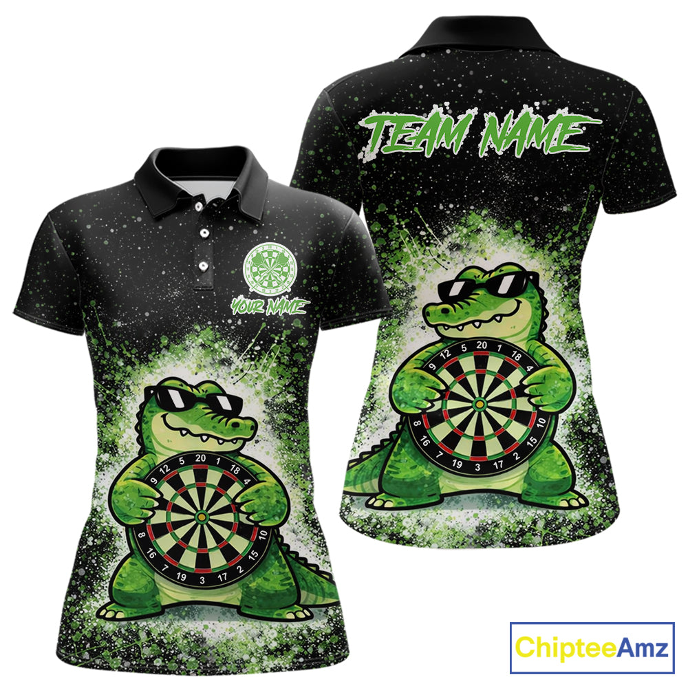 White And Green Funny Crocodile Hold Dartboard Dart Polo Shirts For Women Custom Dart Team Shirts NYN2675