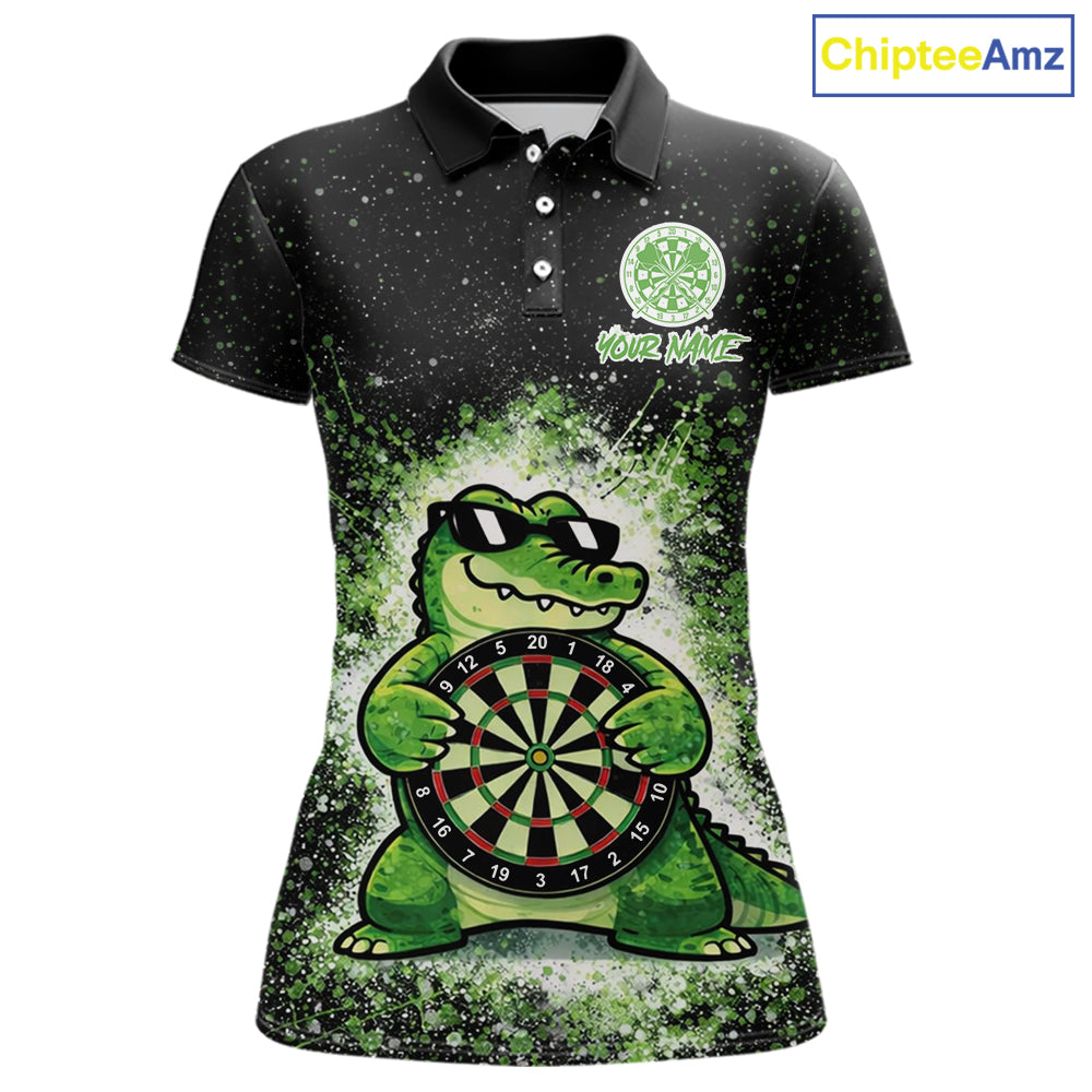White And Green Funny Crocodile Hold Dartboard Dart Polo Shirts For Women Custom Dart Team Shirts NYN2675