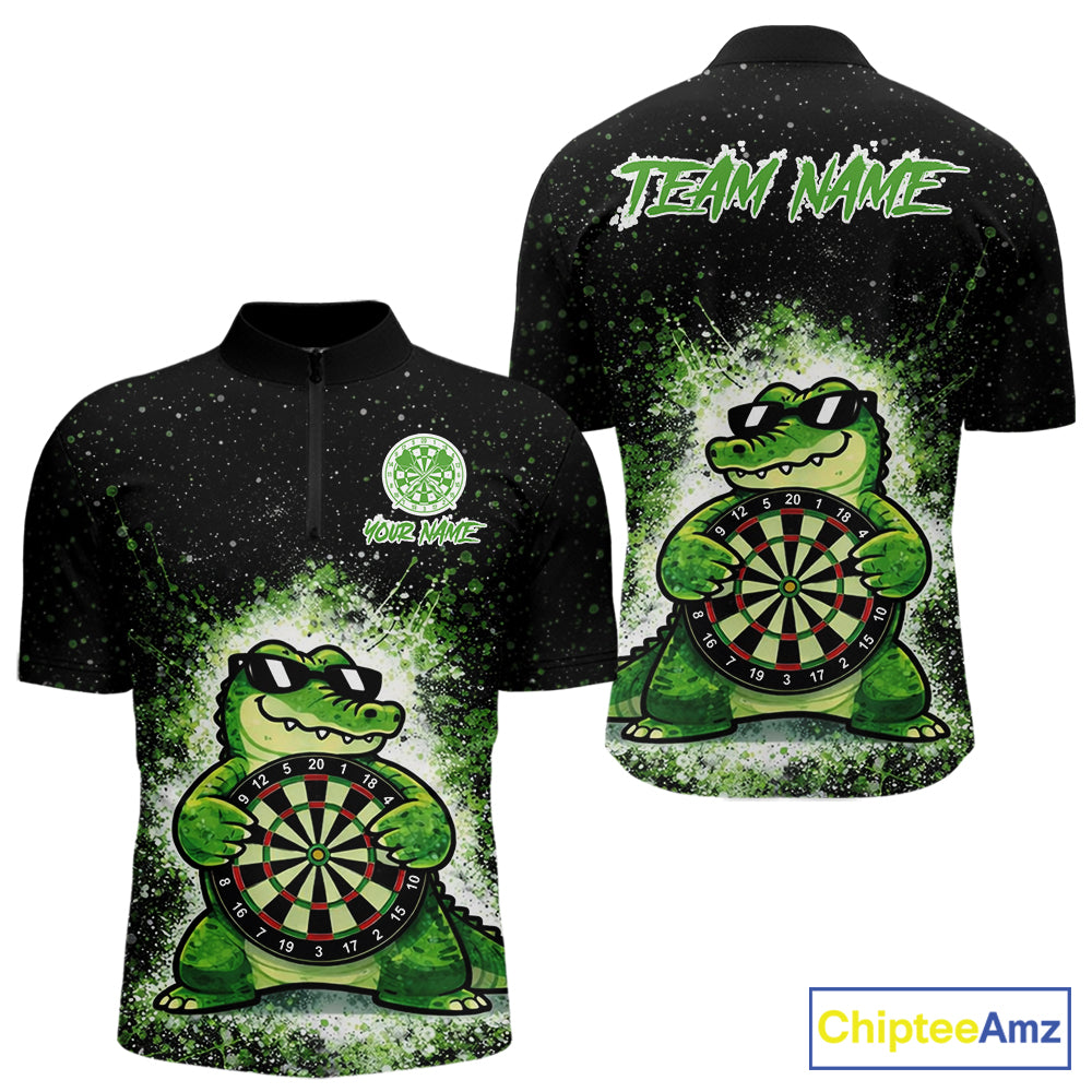 White And Green Funny Crocodile Hold Dartboard Dart 1/4-Zip Shirts For Men Custom Dart Team Shirts NYN2675